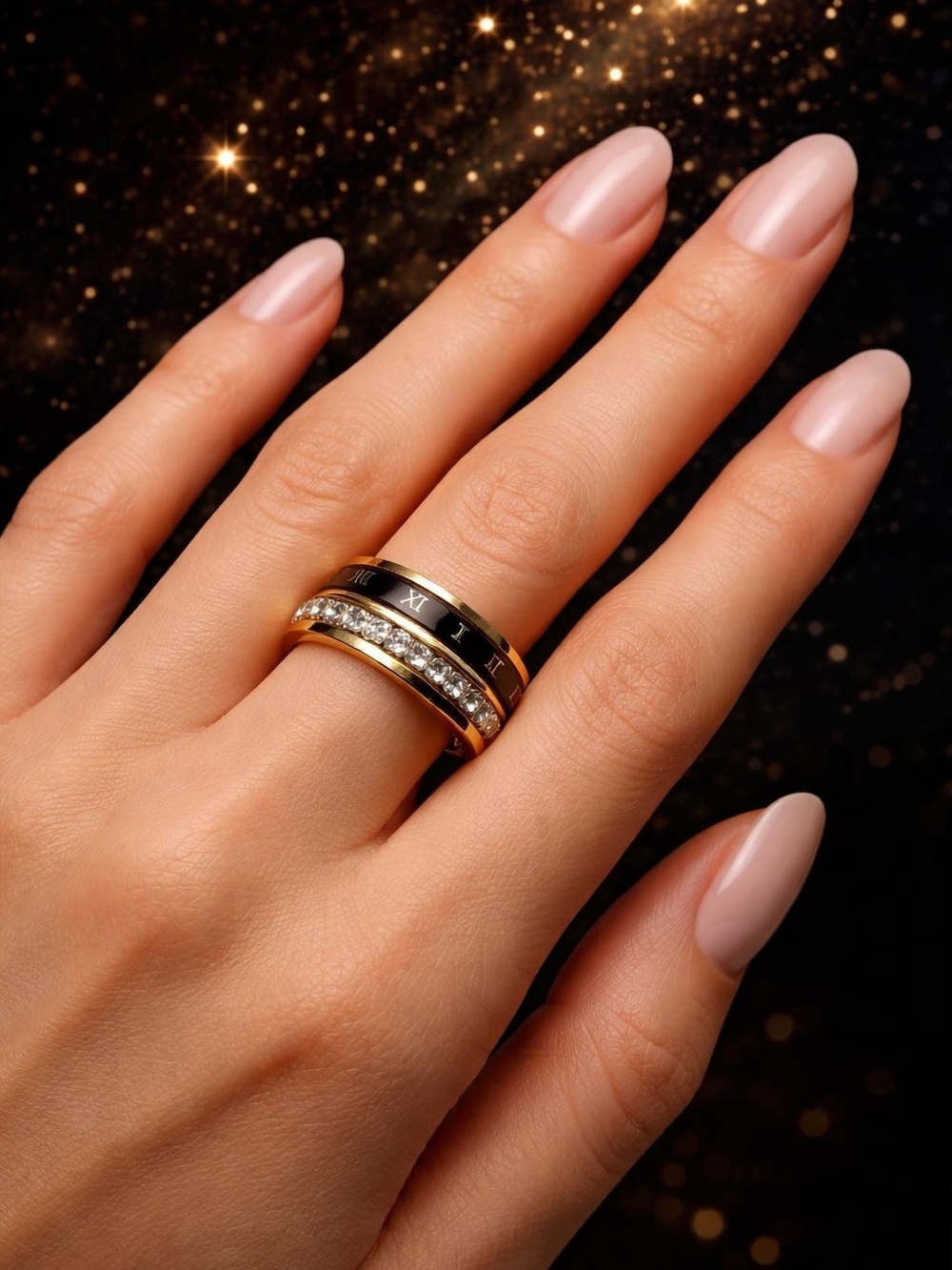 Gold and Black Stackable Ring Set with Clear Stones